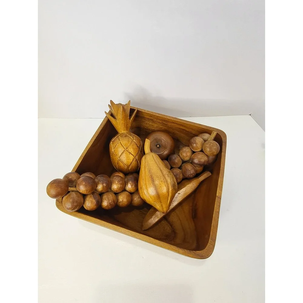 Vintage Mid Century Modern Monkey Pod Wooden Fruit Bowl Set 6 Piece Hand Carved